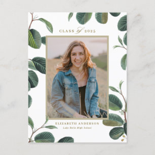 Vintage Botanical Leaves White Photo Graduation Postcard