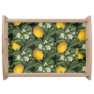 Vintage Botanical Lemon Fruit Blossom Black Serving Tray