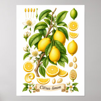 Vintage Botanical Lemon Illustration Poster