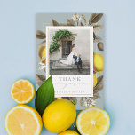 Vintage Botanical Lemon Wedding Dusty Blue Photo Thank You Card<br><div class="desc">This wedding design is detailed with a vintage lemon plant botanical print and was designed to add a unique citrus touch to your wedding stationery needs. The background of the card is dusty blue and the design features 2 gold frames.</div>
