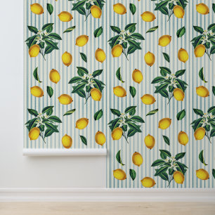 Vintage Botanical Lemons Blue Stripes Wallpaper