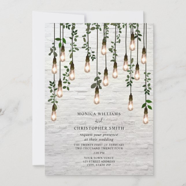 Vintage Botanical Lightbulbs White Brick Wedding Invitation (Front)