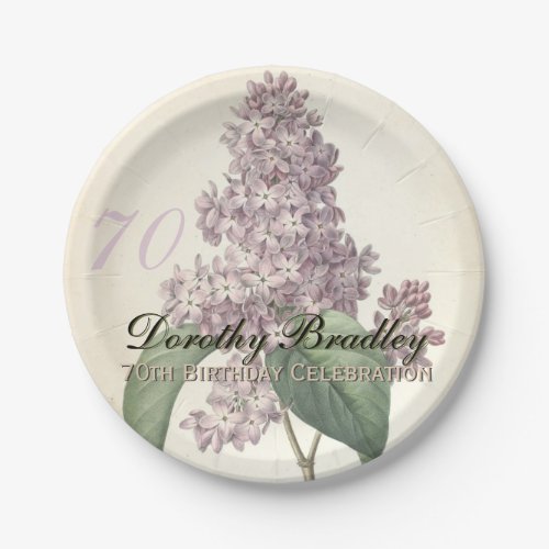 Vintage Botanical Lilac 70th Birthday Party PP Paper Plates