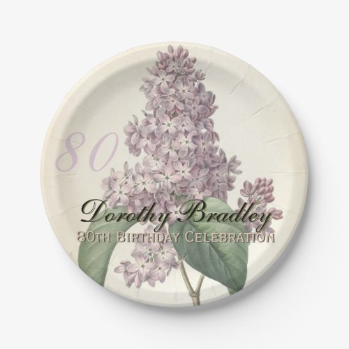 Vintage Botanical Lilac 80th Birthday Party PP Paper Plates