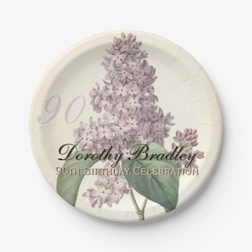 Vintage Botanical Lilac 90th Birthday Party PP Paper Plates