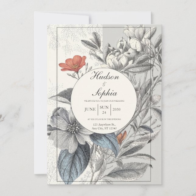 Vintage Botanical Line Art Modern Circle Wedding Invitation (Front)