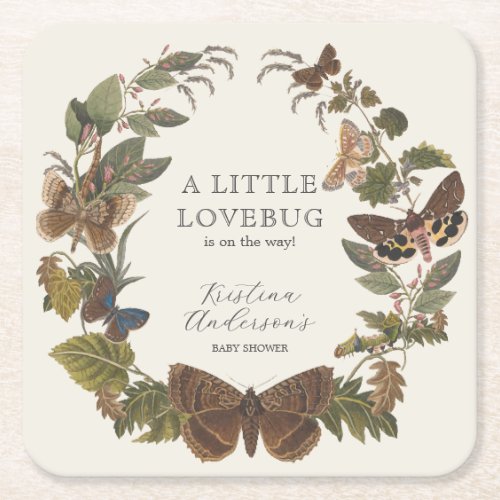 Vintage Botanical Little Love Bug Baby Shower Square Paper Coaster