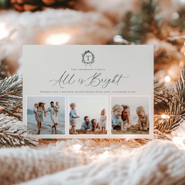 Vintage Botanical Monogram 3 Photo Holiday Card (Creator Uploaded)