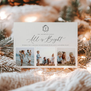 Vintage Botanical Monogram 3 Photo Holiday Card