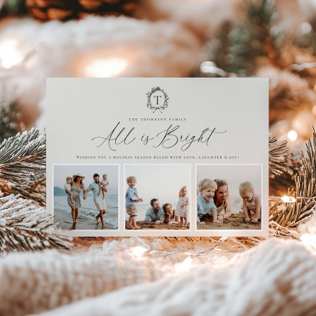 Vintage Botanical Monogram 3 Photo Holiday Card (Creator Uploaded)