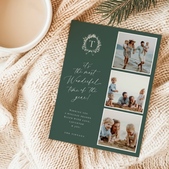 Vintage Botanical Monogram 3 Photo Holiday Card (Creator Uploaded)