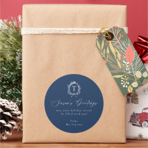 Vintage Botanical Monogram Blue Holiday Classic Round Sticker