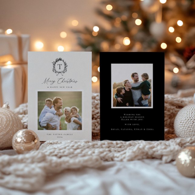 Vintage Botanical Monogram Photo Holiday Card (Creator Uploaded)