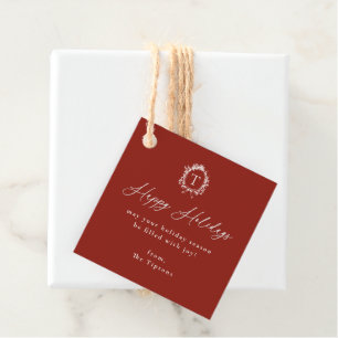 Vintage Botanical Monogram Red Holiday Favor Tags