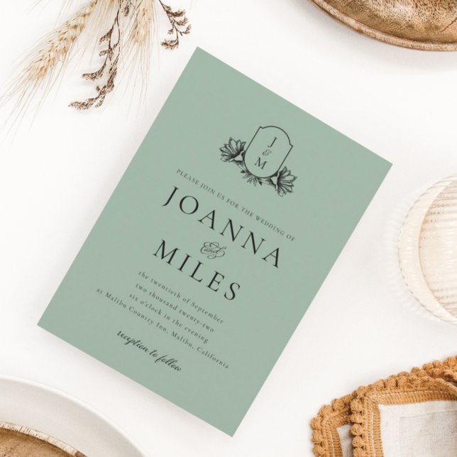 Vintage Botanical Monogram Sage Invitation (Creator Uploaded)