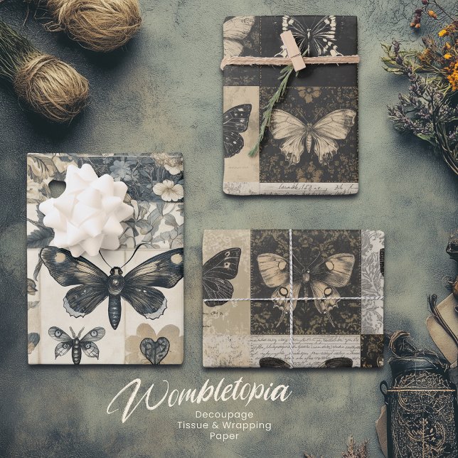 Vintage Botanical Moth Collage Halloween Wrapping Paper Sheets (Creator Uploaded)