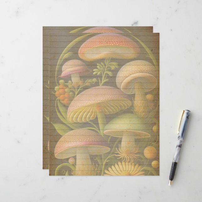 Vintage Botanical Mushrooms Scrapbook Paper (Front/Back In Situ)