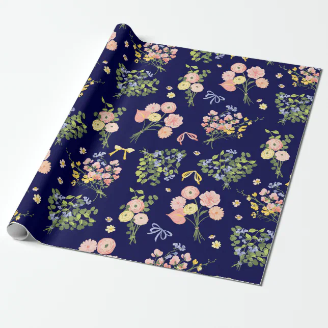 Vintage Botanical Navy Blush Pink Floral Elegant Wrapping Paper | Zazzle