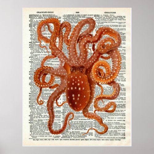 Vintage Botanical Octopus Art Dictionary Page Poster