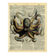 Vintage Botanical Octopus Art Dictionary Page