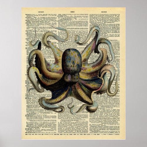 Vintage Botanical Octopus Art Dictionary Page Poster