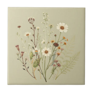Vintage Botanical of Wildflowers and Ferns Ceramic Tile