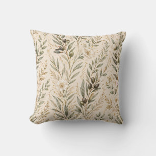 Vintage Botanical Olive Branches & Ivory Floral Throw Pillow