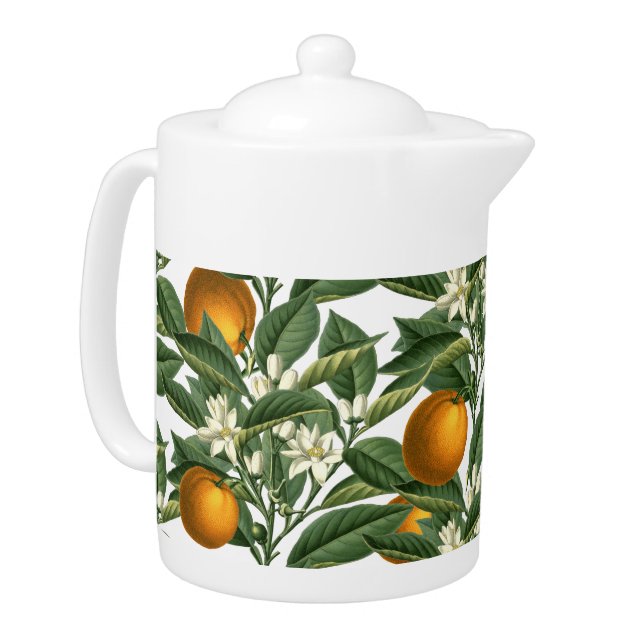 Vintage Botanical Orange Fruit Blossom Pattern Teapot (Left)