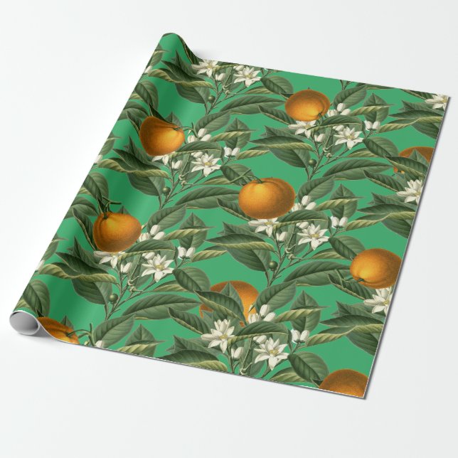Vintage Botanical Orange Fruit Blossom Pattern Wrapping Paper (Unrolled)