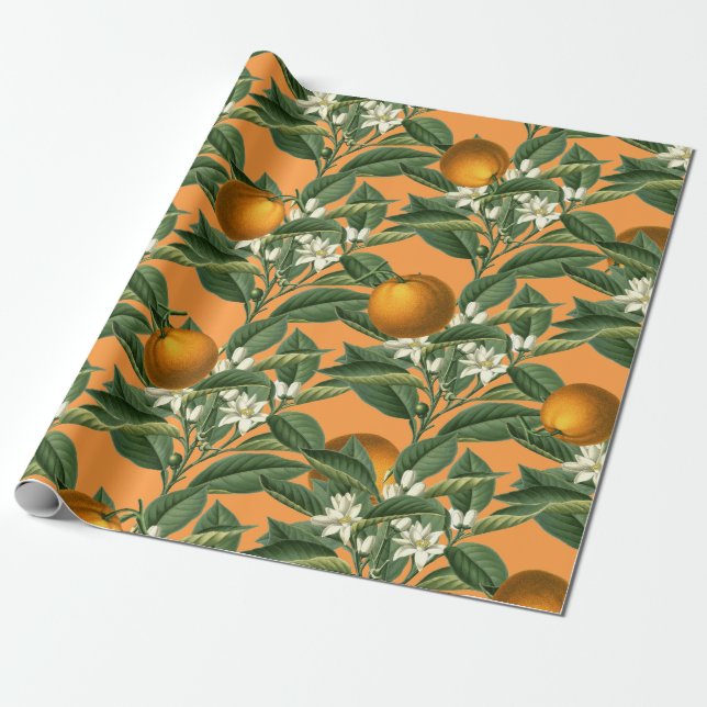 Vintage Botanical Orange Fruit Blossom Pattern Wrapping Paper (Unrolled)
