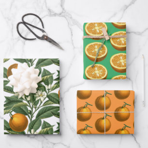 Vintage Botanical Orange Fruit Blossom Pattern Wrapping Paper Sheets
