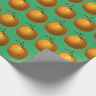 Vintage Botanical Orange Fruit Pattern on Green Wrapping Paper