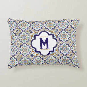 Vintage Botanical Ornamental Tiles Monogram Accent Pillow