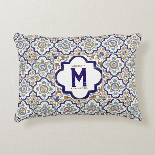 Vintage Botanical Ornamental Tiles Monogram  Accent Pillow