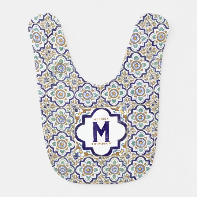 Vintage Botanical Ornamental Tiles Monogram Baby Bib (Front)
