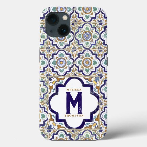 Vintage Botanical Ornamental Tiles Monogram iPhone 13 Case