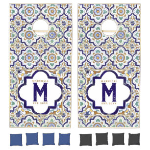 Vintage Botanical Ornamental Tiles Monogram Cornhole Set