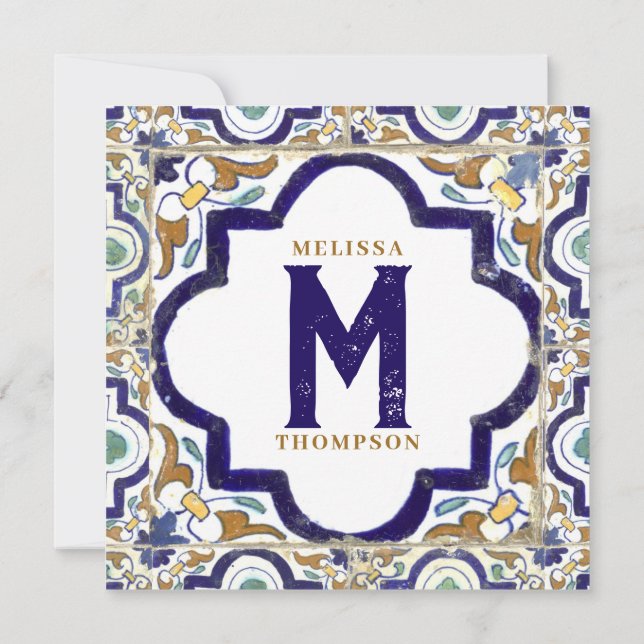 Vintage Botanical Ornamental Tiles Monogram Note Card (Back)