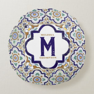 Vintage Botanical Ornamental Tiles Monogram  Round Pillow