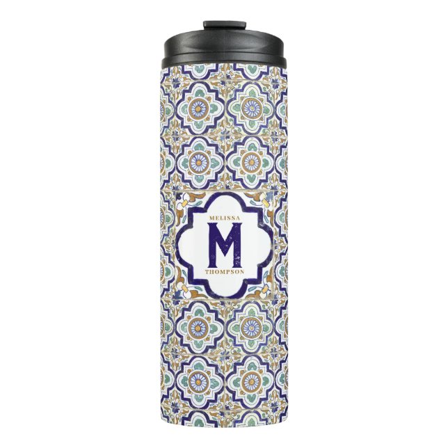 Vintage Botanical Ornamental Tiles Monogram Thermal Tumbler (Front)