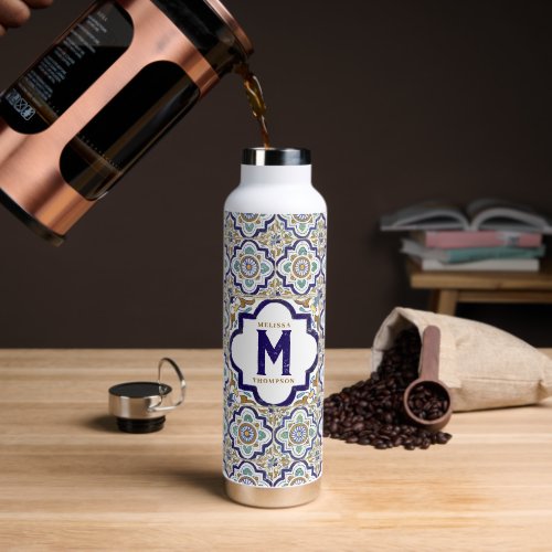 Vintage Botanical Ornamental Tiles Monogram  Water Bottle