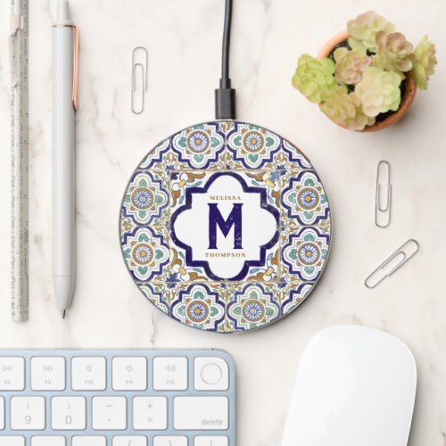 Vintage Botanical Ornamental Tiles Monogram Wireless Charger