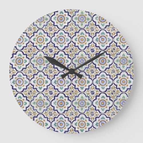 Vintage Botanical Ornamental Tiles Pattern Large Clock