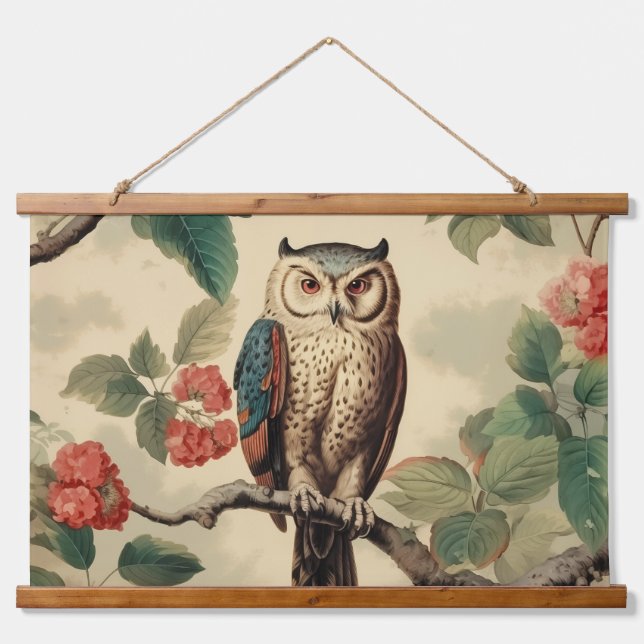 Vintage Botanical Owl in Forest Hanging Tapestry (Front)