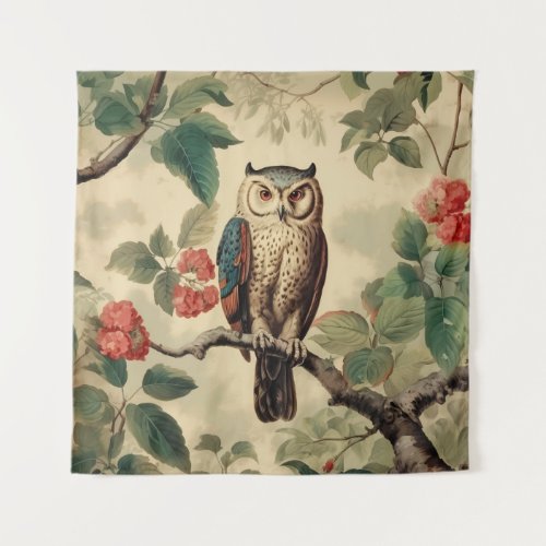 Vintage Botanical Owl in Forest Tapestry