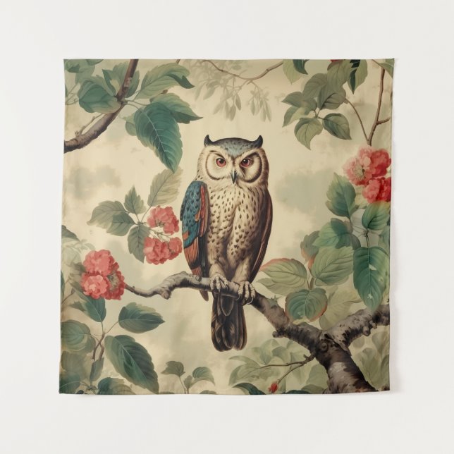 Vintage Botanical Owl in Forest Tapestry (Front (Horizontal))