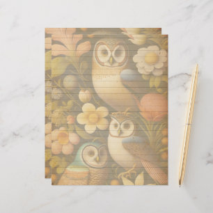 Vintage Botanical Owls & Flowers Scrapbook Paper