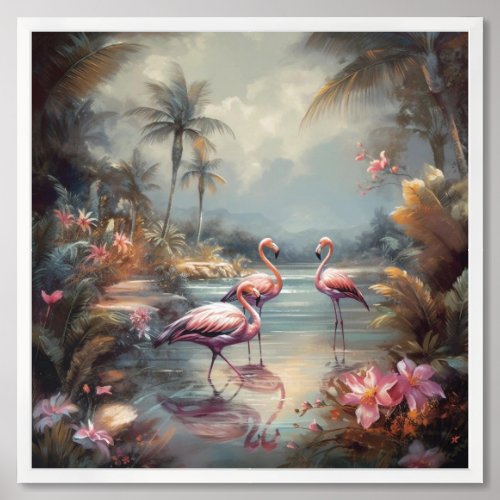 Vintage botanical painting flamingos and Flowers Framed Art