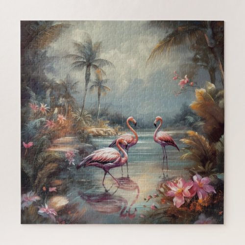 Vintage botanical painting flamingos and Flowers Jigsaw Puzzle