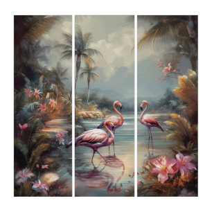Vintage botanical painting flamingos and Flowers Triptych